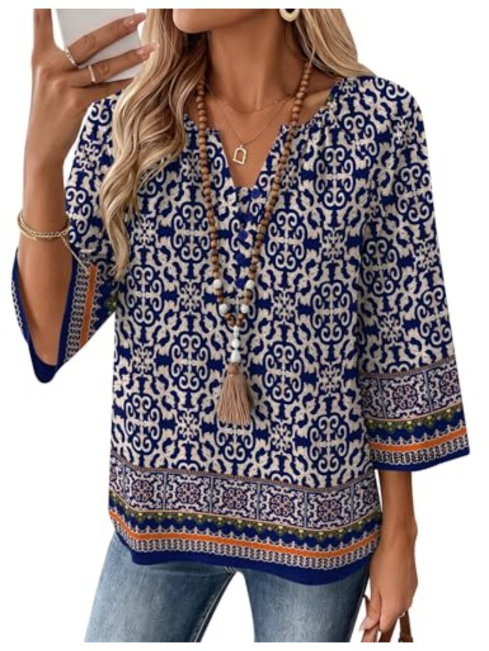 Womens 3/4 Sleeve Blouse V Neck Button Down Cotton Blend Linen Top Boho Casual